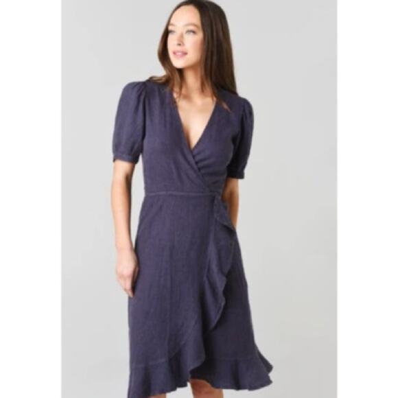 Honorine Charlotte Ruffle Wrap Dress 100% Linen Grey Blue Size Small - Picture 1 of 7